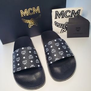 MCM Monogram Print Slide Sandals Black White Women Size 38 Shoes